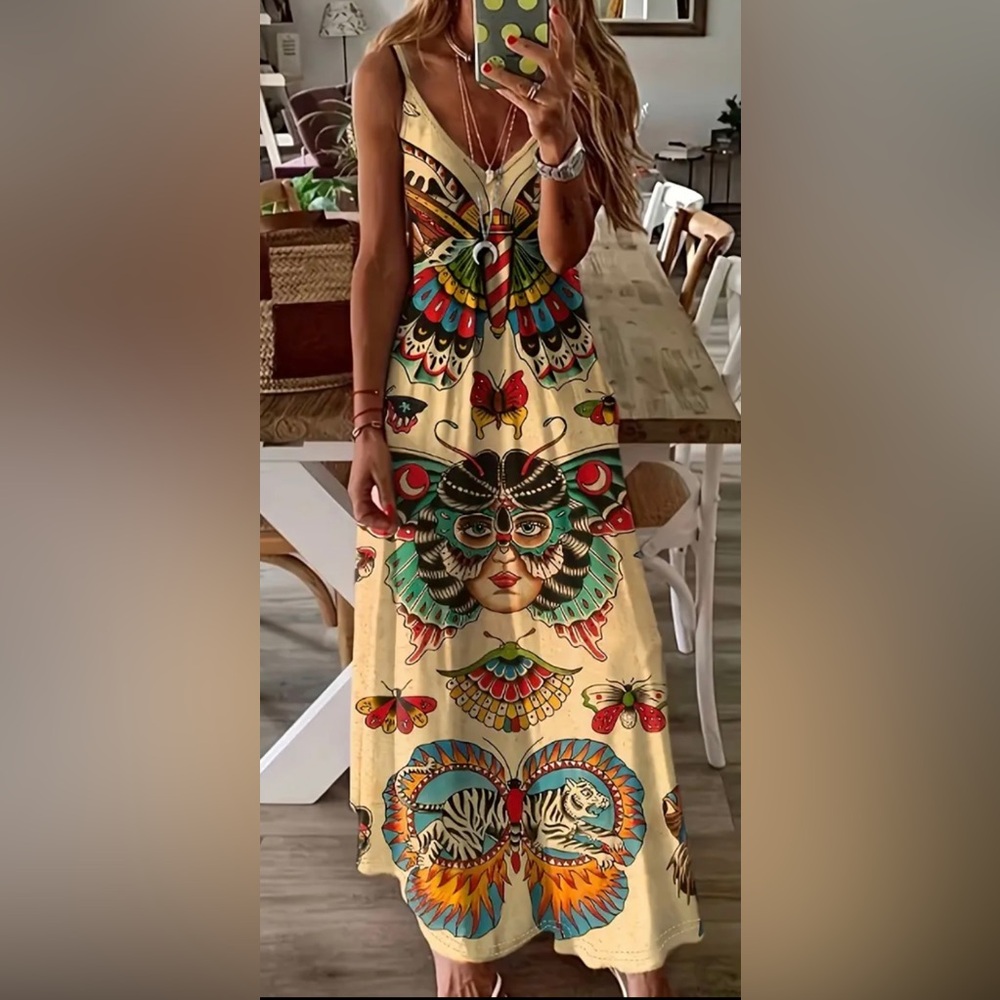 Tattoo Print V-neck Spaghetti Strap Dress